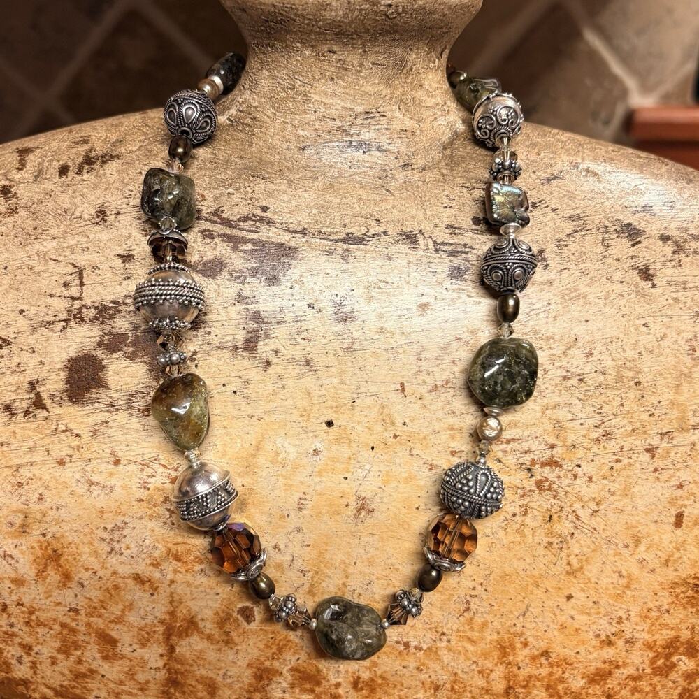 Tres Jolie Necklace Sterling Silver w/ Earth Tones Gemstones & Crystals Bali